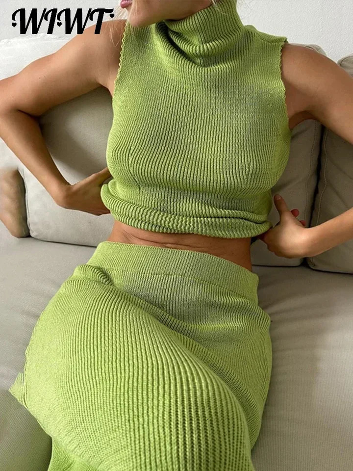 Slim Knit Turtleneck Vest Skirts Set Women Green Sleeveless Sweater Waistcoat High Waist Skirt Autumn Ladies Elegant Outfit 250605