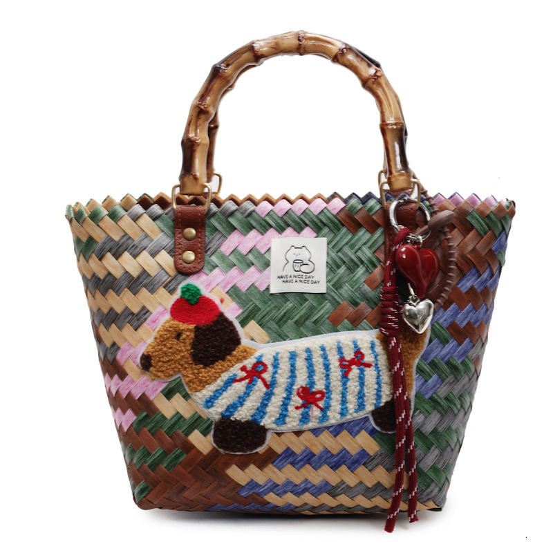 designer Vintage Striped Dachshund Handwoven Basket Tote Bag for Women Large Capacity Commuter Bag Handheld Bucke
