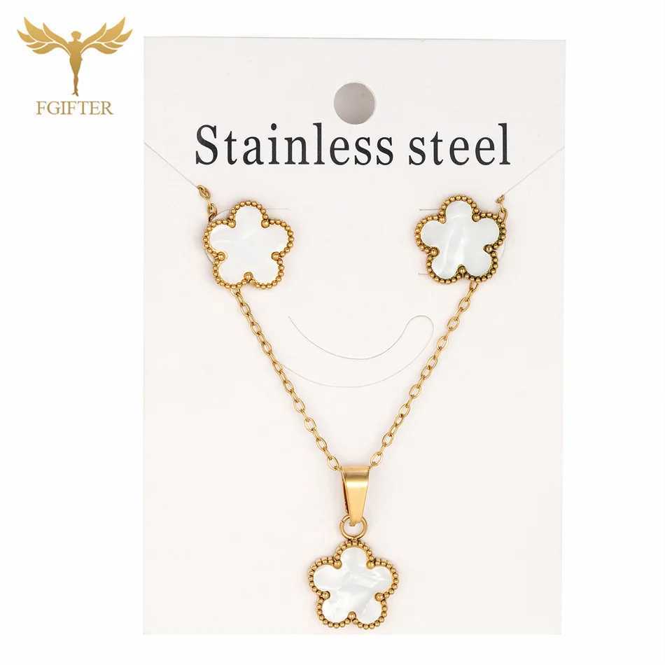 Beautiful White Shell Flower Pendant Necklace And Stud Earrings Jewelry Set Golden Stainless Steel Accessories Women Girls Gifts Z250607