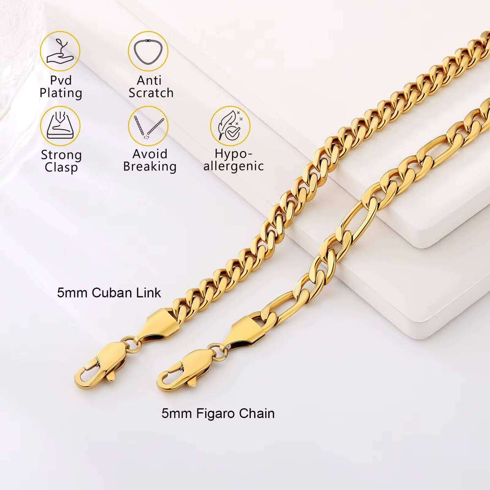Real Gold Plated 3mm 5mm Durable Waterproof Stainless Steel Jewelry Gift Miami Cuban Chain Bracelet for Men and Women