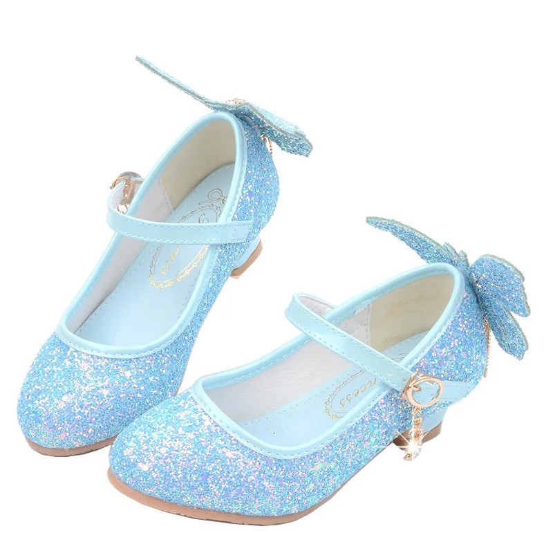 Kids Leather Shoes Fashion Fringed Butterfly Knot Girls Princess Casual Glitter Children High Heel Student Dance 250604z