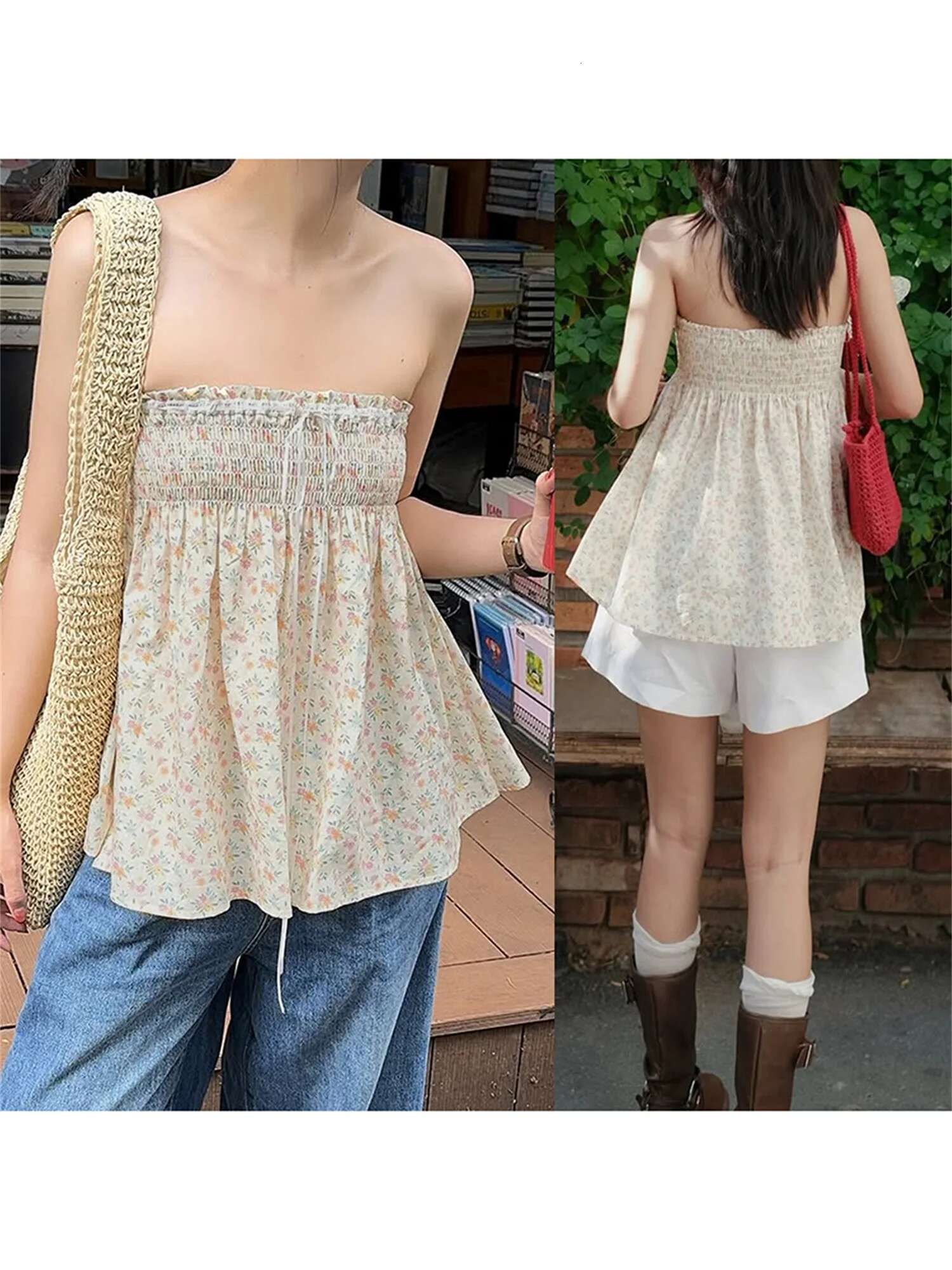 Womens Floral Print Strapless Tube Top with Pleated Detailing Backless Design and Perfect for Summer Clubwear