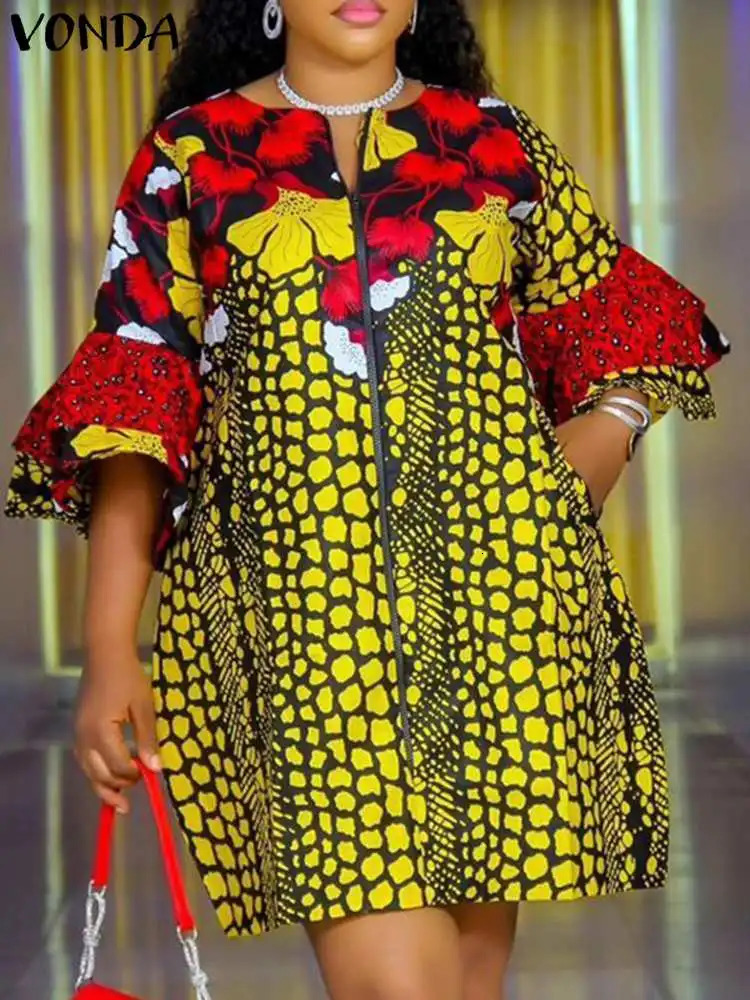 Plus Size 5XL VONDA Women Bohemian Printed Dress 2025 Summer Short Flare Sleeve Party Sundress Casual Vestido Robe Femme 250526