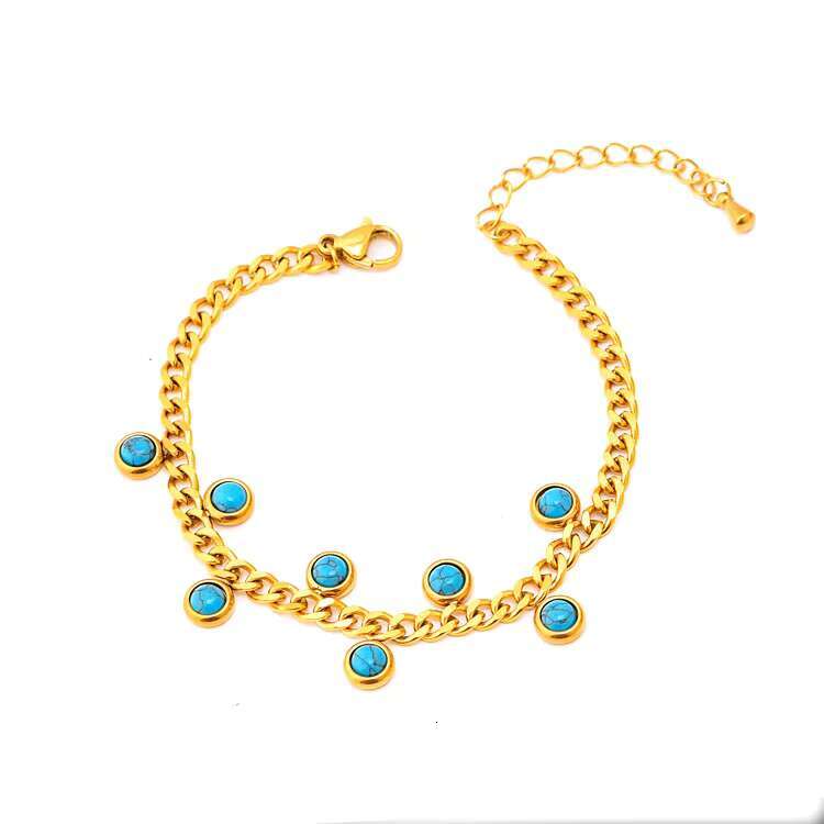 Vintage Stainless Steel Cuban Bracelet Gold Turquoise Jewelry Set Necklace Wholesale