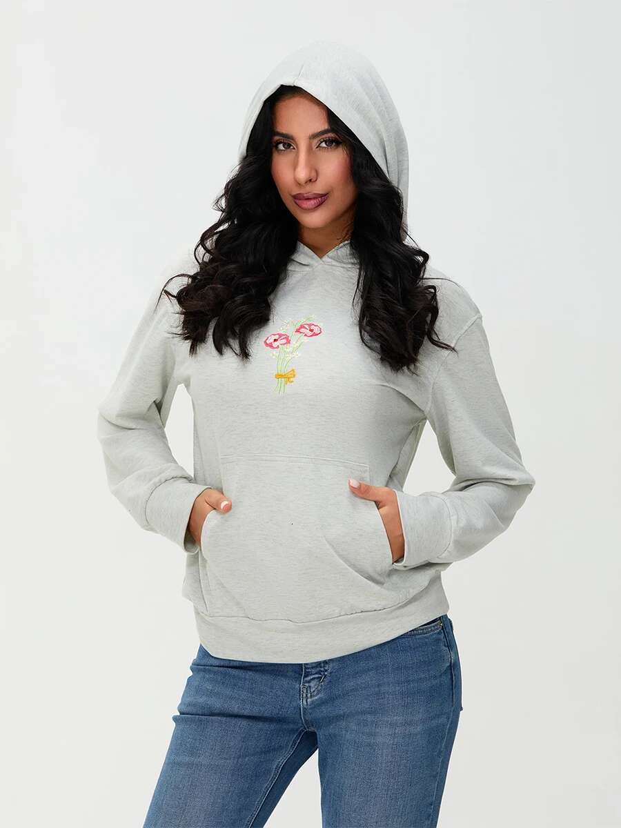 Womens Casual Pullover Hoodies Long Sleeve Floral Print Loose Sweatshirts Streetwear Tops with Embroidered Letters
