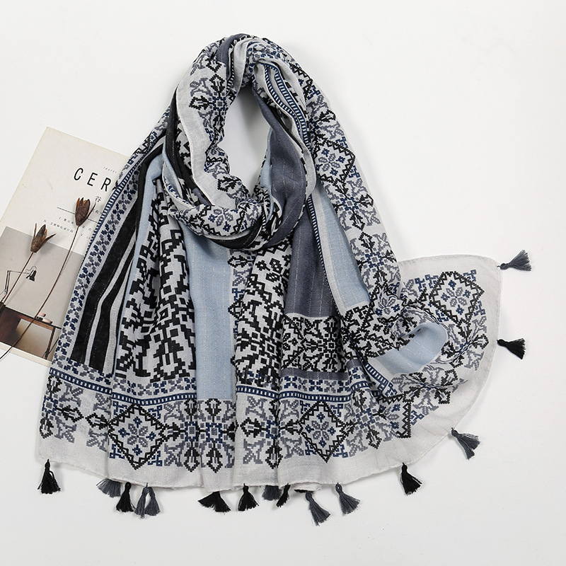 K953 Spring and summer new cotton and linen feel hanging beard tassel long scarf ethnic style pixel printing polyester beautiful shawl female