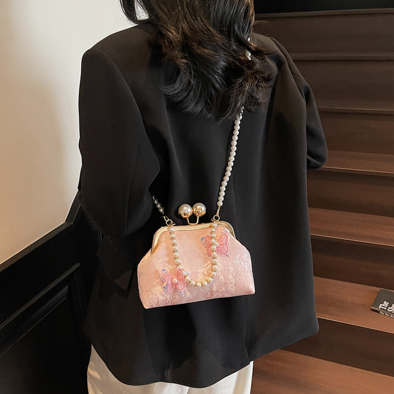 designer Large Capacity Lace Clutch Women's Handbag High-end Shoulder Crossbody Bag Cheongsam Bag Ancient Style Pearl Handbag