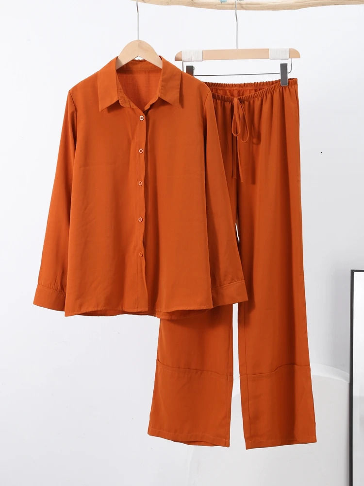 Casual Solid Shirt Pants Suit Women Lapel Single Breasted Loose Shirt Wide Leg Drawstring Trouser 2025 Spring Fashion Female Set 250605