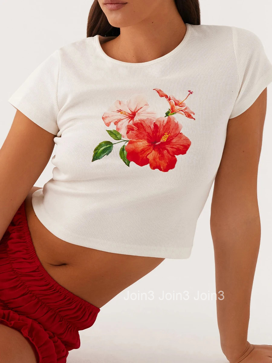 Womens Casual Floral Print Short Sleeve Crop Top Round Neck Fit T-shirt for Summer Beach Vacation