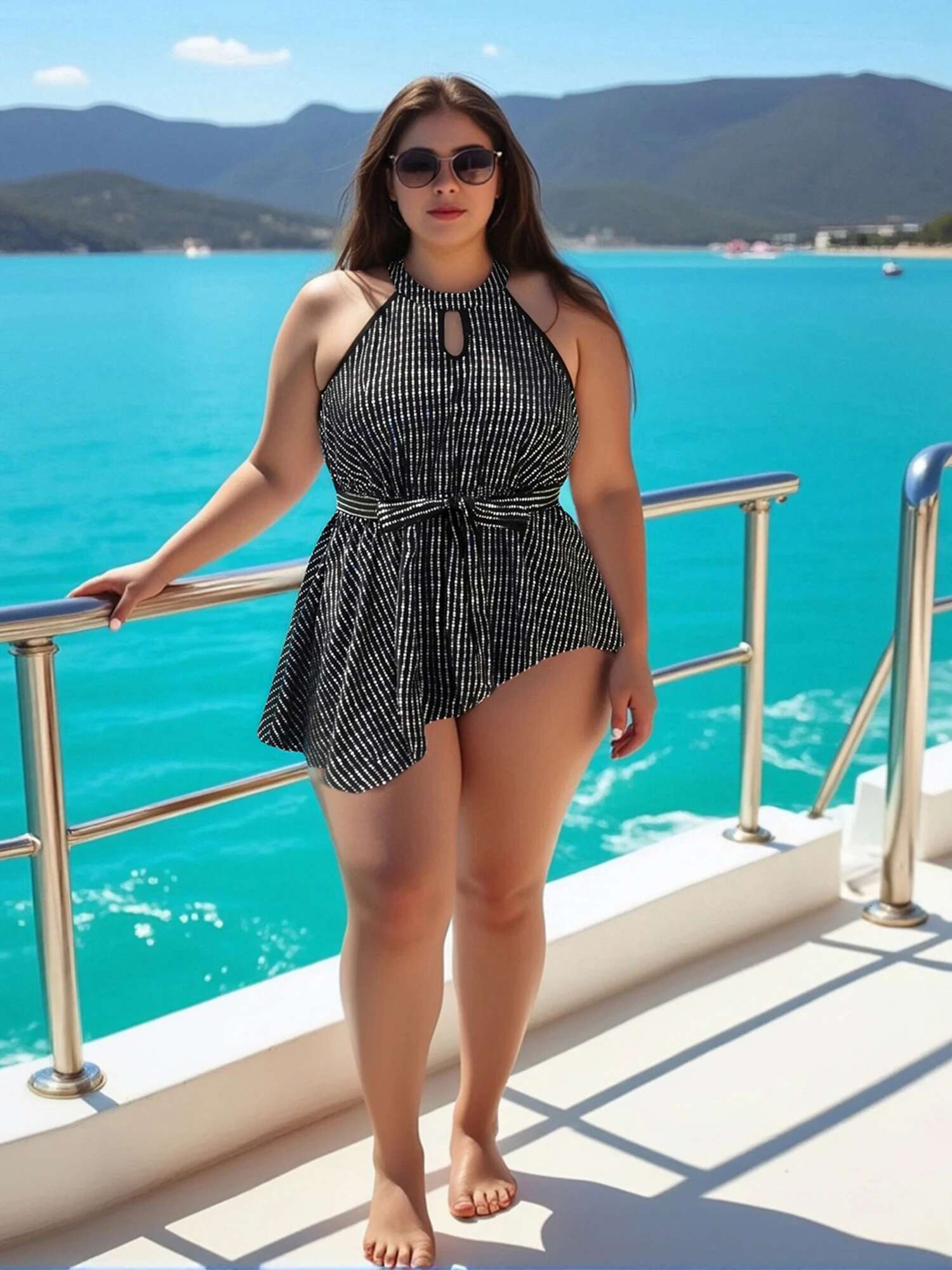 Womens Sparkling Sequins Off Shoulder Sleeveless Round Neck Tie Waist Blouse with Asymmetrical Hemline