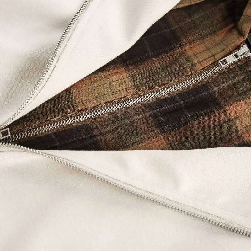 Vintage Hooded Jacket Y2K Plaid Checkered Patchwork Double Zipper Up Coats Haruku Hip Hop Casual Baggy Solid Hoodie Jackets