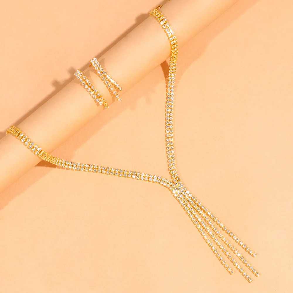 XSBODY Simple Rhinestone Tassel Jewelry Set Wedding Accessories Elegant Necklace Earrings Bridal Jewelry Set Birthday Gifts Z250607