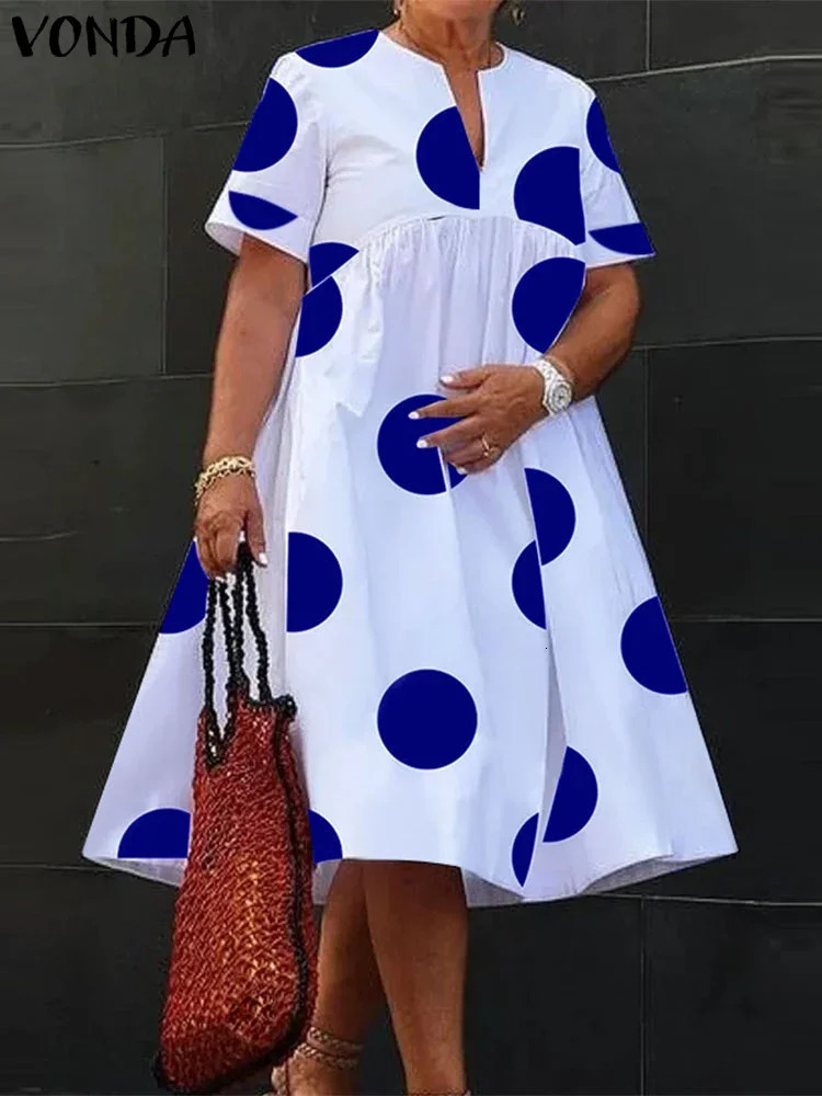 VONDA Plus Size 5XL Women Dress 2025 Summer Bohemian Polka Dot Maxi Long V Neck Party Sundress Vestido Beach Robe Elegant 250526