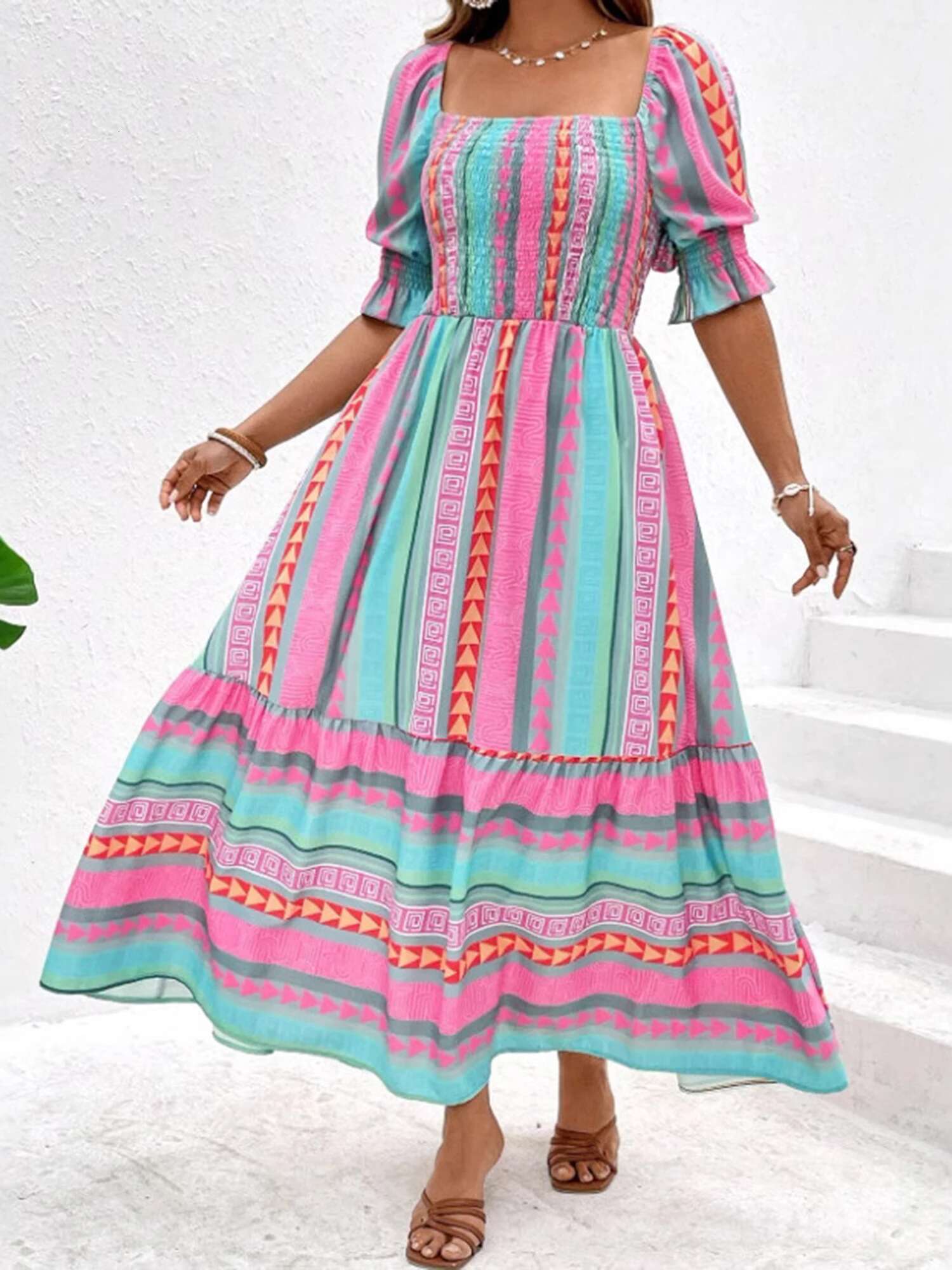 Women Plus Size Floral Print Maxi Dress Casual Summer Short Sleeve V-neck Boho Party Dress for Beachwear and Vacation