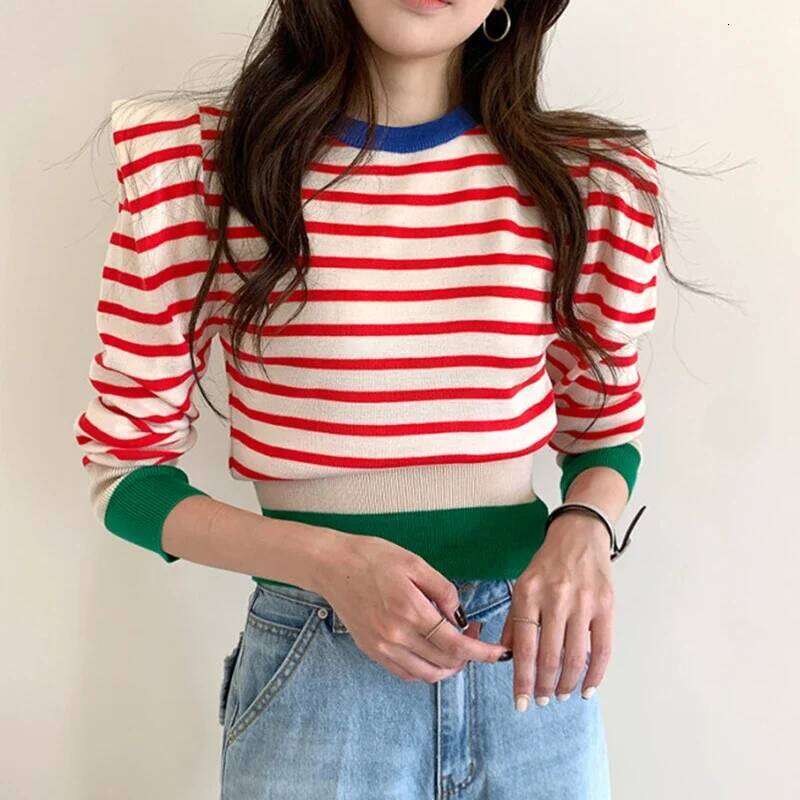 2024 Autumn Pull Femme Striped Sweet Puff Sleeve Short Sweaters Women Slim Korean Chic Fashion Winter Pullovers 18411