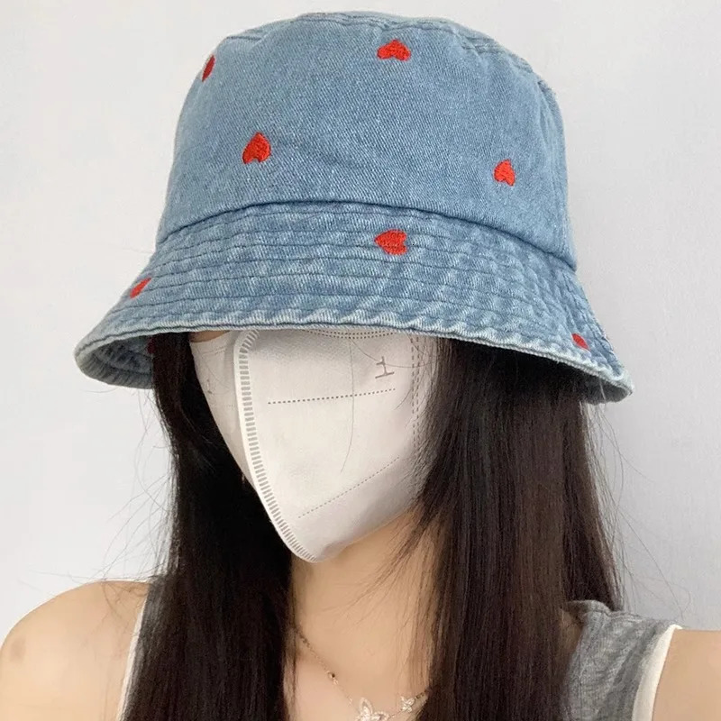 Korean Embroidered Heart Bucket Hat for Women Washed Denim Fisherman Cap Unisex Bob Caps Summer Panama Hats 250605