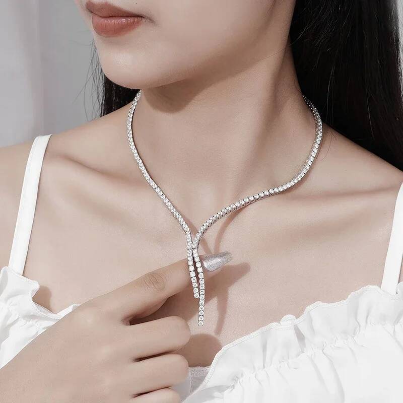 NeeTim Moissanite Tennis Necklace for Woman Certificate Sterling Sier with White Gold Plated Tassel Necklaces Jewelry