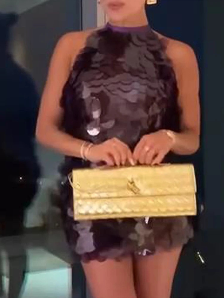 Halter Sequined Mini Dress Large Backless Sexy Slimming Hanging Neck Gown Sleeveless Strap Vest Short Dresses Womens Clothing 250605