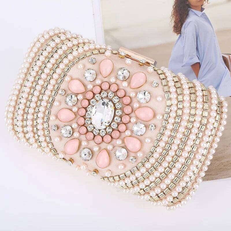 New Trendy Party Dinner Bead Pearl Crystal Hand Embroidery Rhinestone Evening Shoulder Bag For Wedding Women Prom