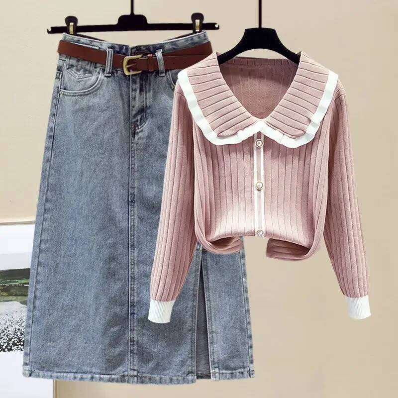Plus Size Women's Knit Sweater And Denim Skirt New 2024 Fashion Winter Suit Slimming Versatile 2-Piece Set For Ladies