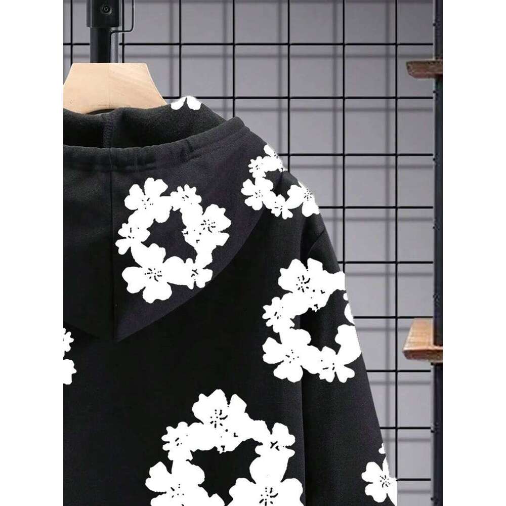 Mens Contrast - Color Casual Stylish Black Hoodie with Simple White Flower Prints Polyester Fabric Fit for Home and Outings