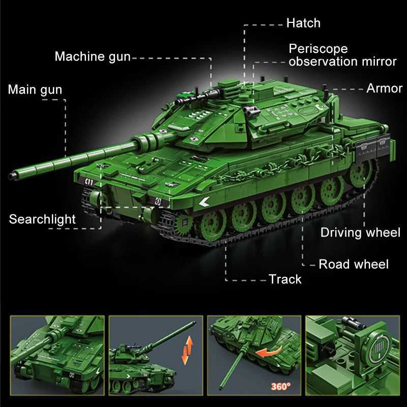Military WW2 Leopard 2A7 Heavy Tank Building Blocks Technical Merkava Main Battle Tank Army Weapons Bricks Toy For Children Gift Z250607