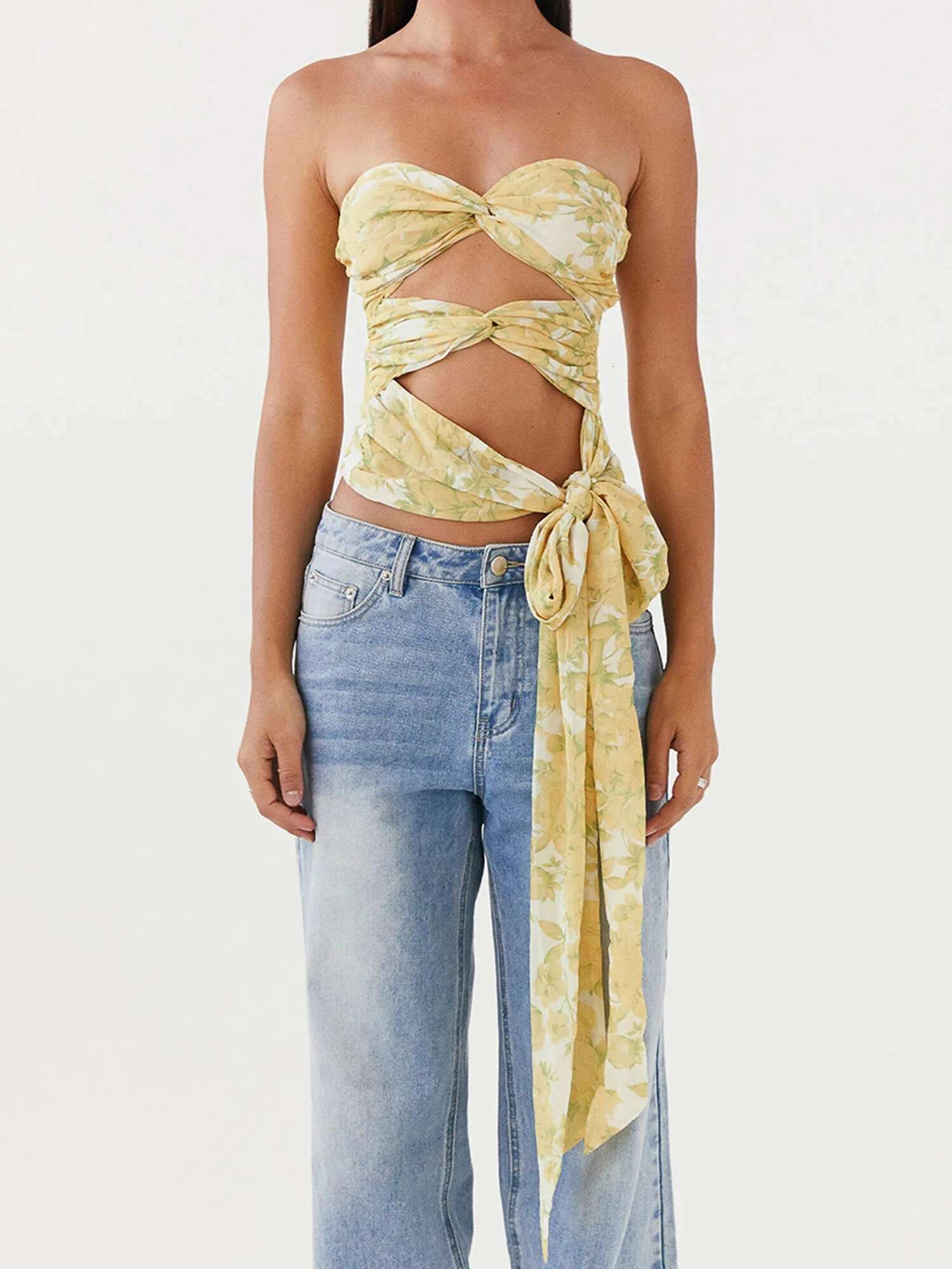 Womens Off Shoulder Ruffle Crop Tops Summer Boho Floral Print Elastic Tube Top Sexy Fit Blouse Shirt