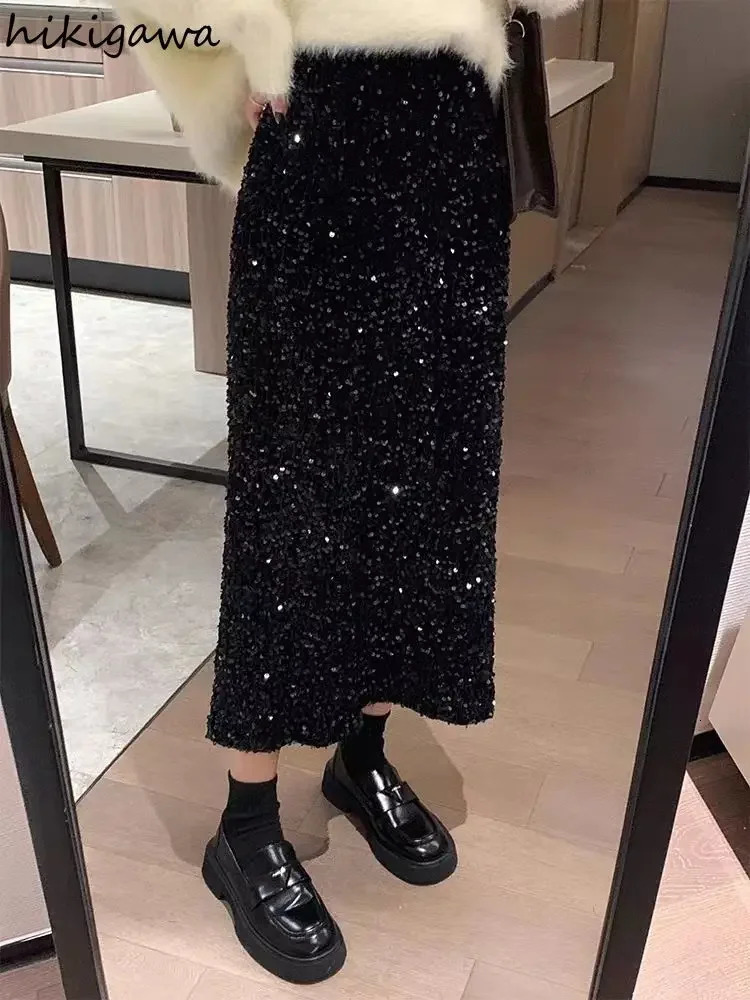 Temperament Jupe Fashion Velvet Black Skirts for Women 2025 Faldas Mujer De Moda High Waist Chic Saia Sequin Bodycon Split Skirt 250529