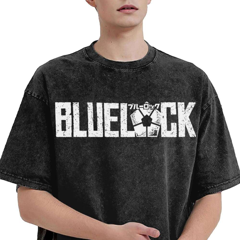 Blue Lock Washed T Shirt Streetwear Hip Hop Vintage T-Shirts Tees Tops Men Women Short Sleeve High Street Graphic Printed