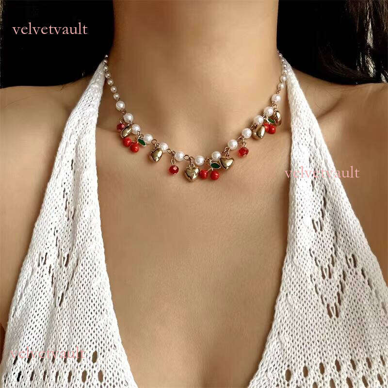 New Fruit Heart Imitation Pearl Necklace Sweet Cute Strawberry Cherry Tassel Charm Women's Jewelry Gift