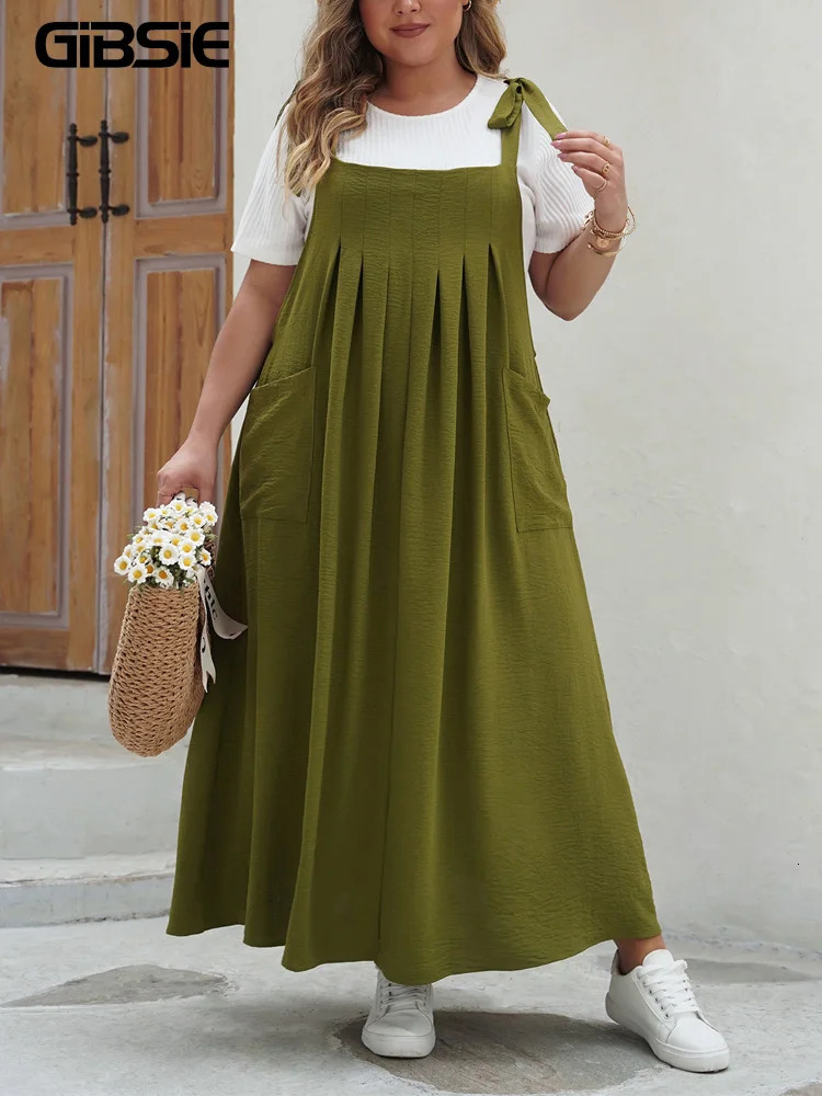GIBSIE Plus Size Solid Tie Shoulder Overalls Dress For Women 2025 Summer Casual Loose Sleeveless Maxi Long Dresses with Pockets 250526