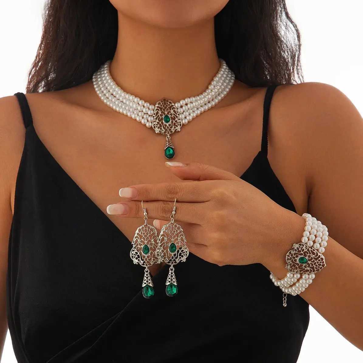 SHIXIN Luxury Multilayer Imitation Pearl Necklace Earring Women Water Drop Green Rhinestone Choker Wedding Jewelry Set Z250607