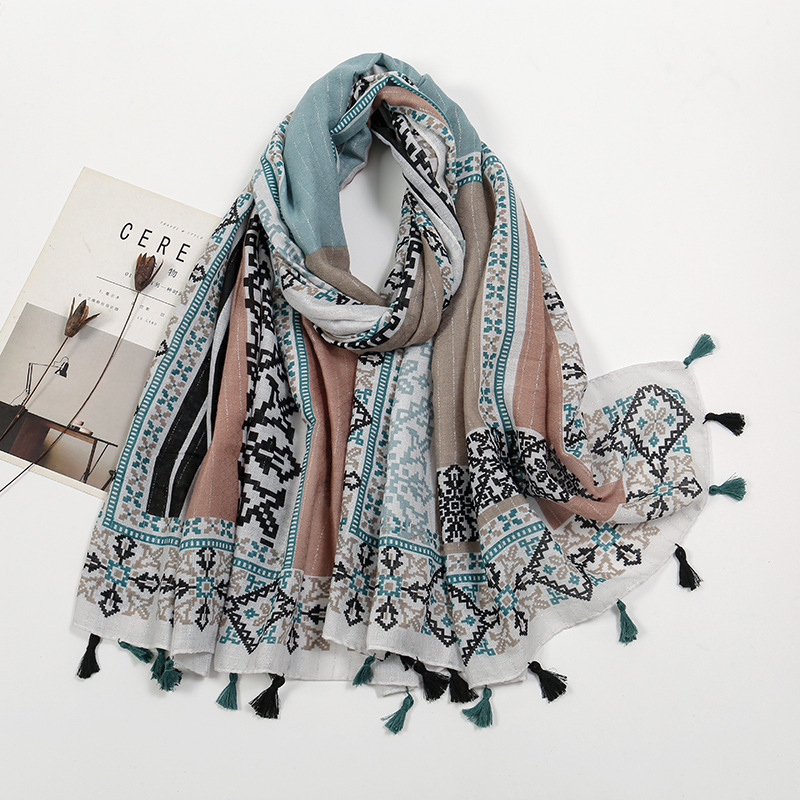 K953 Spring and summer new cotton and linen feel hanging beard tassel long scarf ethnic style pixel printing polyester beautiful shawl female