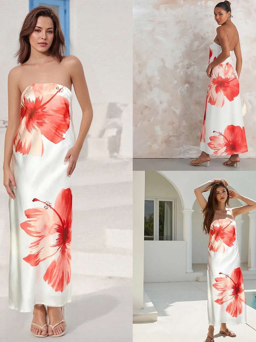 Womens Off-shoulder Maxi Dress with Ruffle Detail and Boho Floral Print Elegant Fit Bandeau Dress for Summer Beach