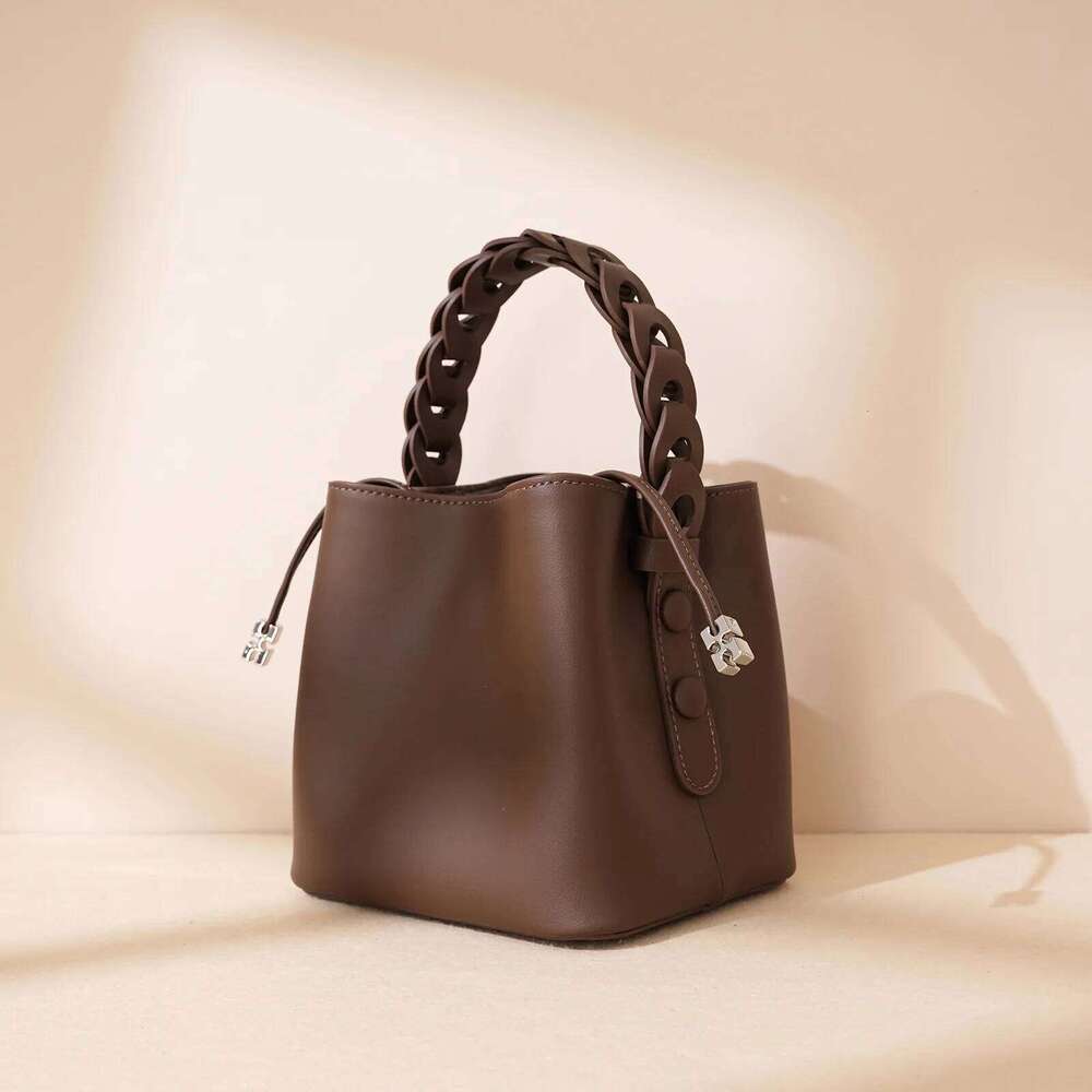 Genuine Leather Mini Tote Bags Women Fashion Solid Color Textured Bucket Bag Female Daily Out Crossbody Pack