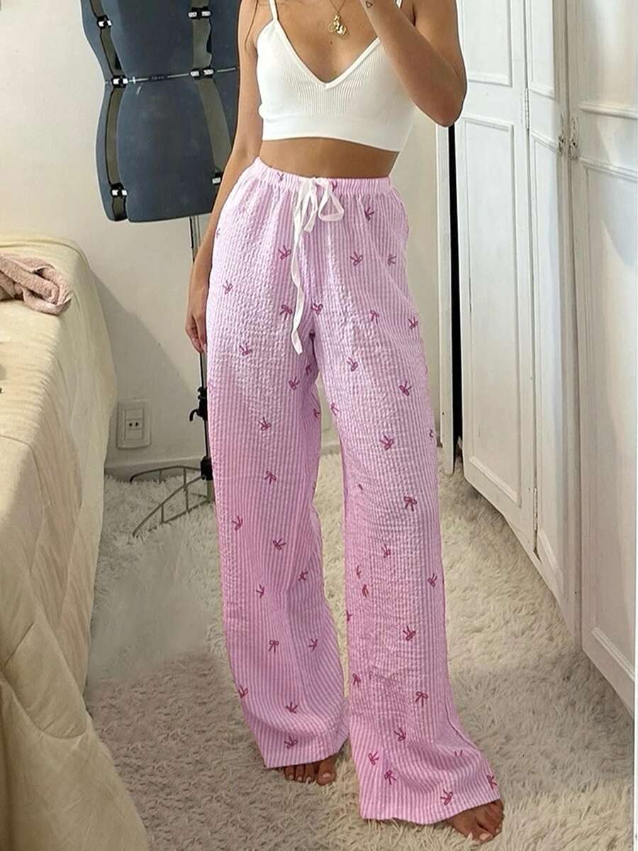 Womenstriped Wide Leg Pants with Drawstring Elastic Waist for Casual Summer Streetwear Fashion Style