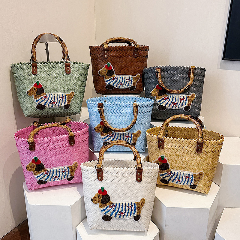 designer Dachshund Puppy Basket Bag for Work Commute Handbag Retro Bamboo Woven Bag Lunch Box Bag Handheld Bag