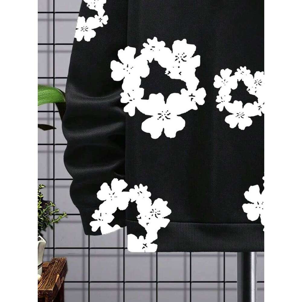 Mens Contrast - Color Casual Stylish Black Hoodie with Simple White Flower Prints Polyester Fabric Fit for Home and Outings