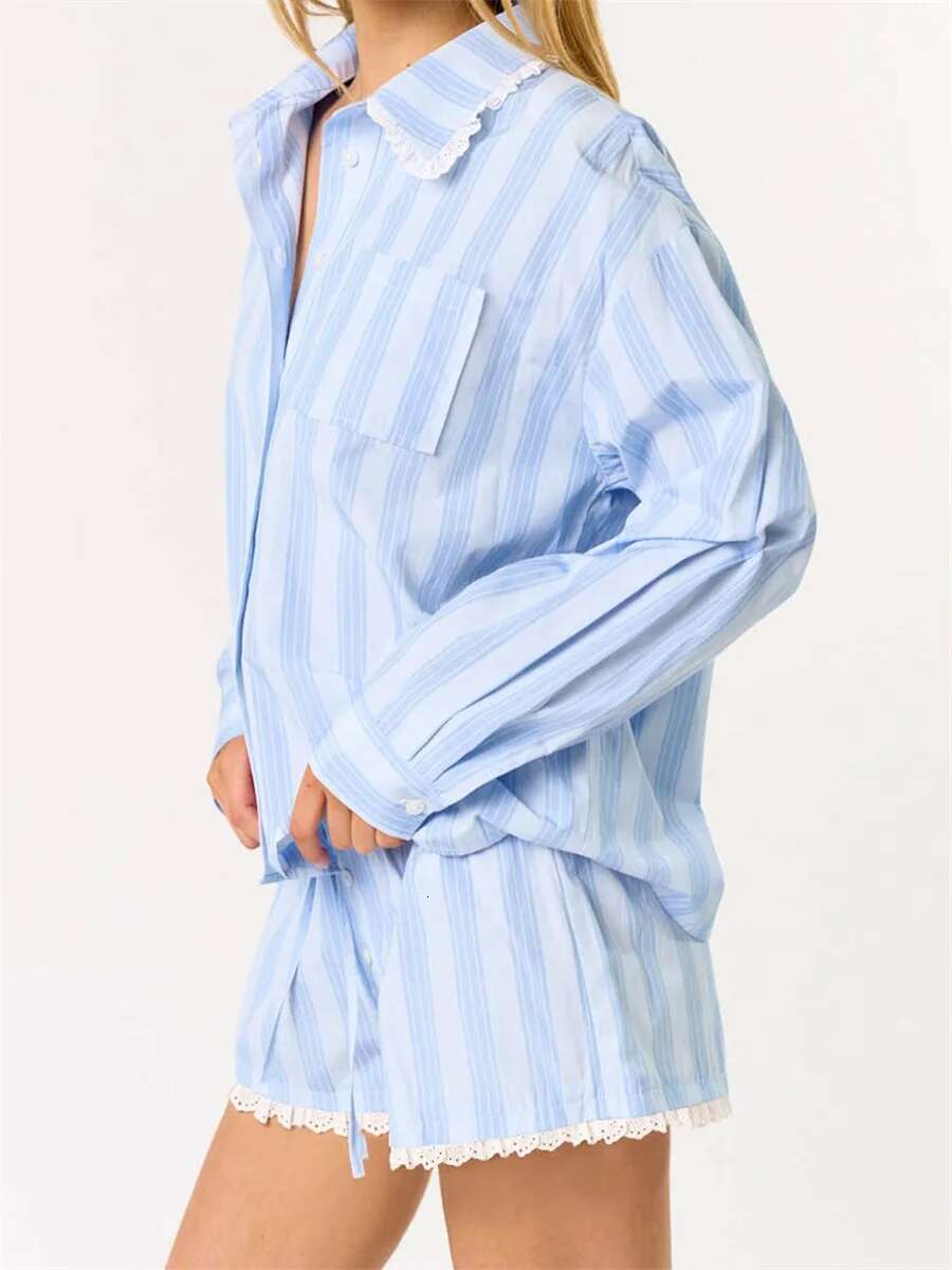 Womens Stylish 2 Piece Ensemble Featuring Long Sleeve Lace Trim Top and Coordinating Shorts for Effortless Summer Style