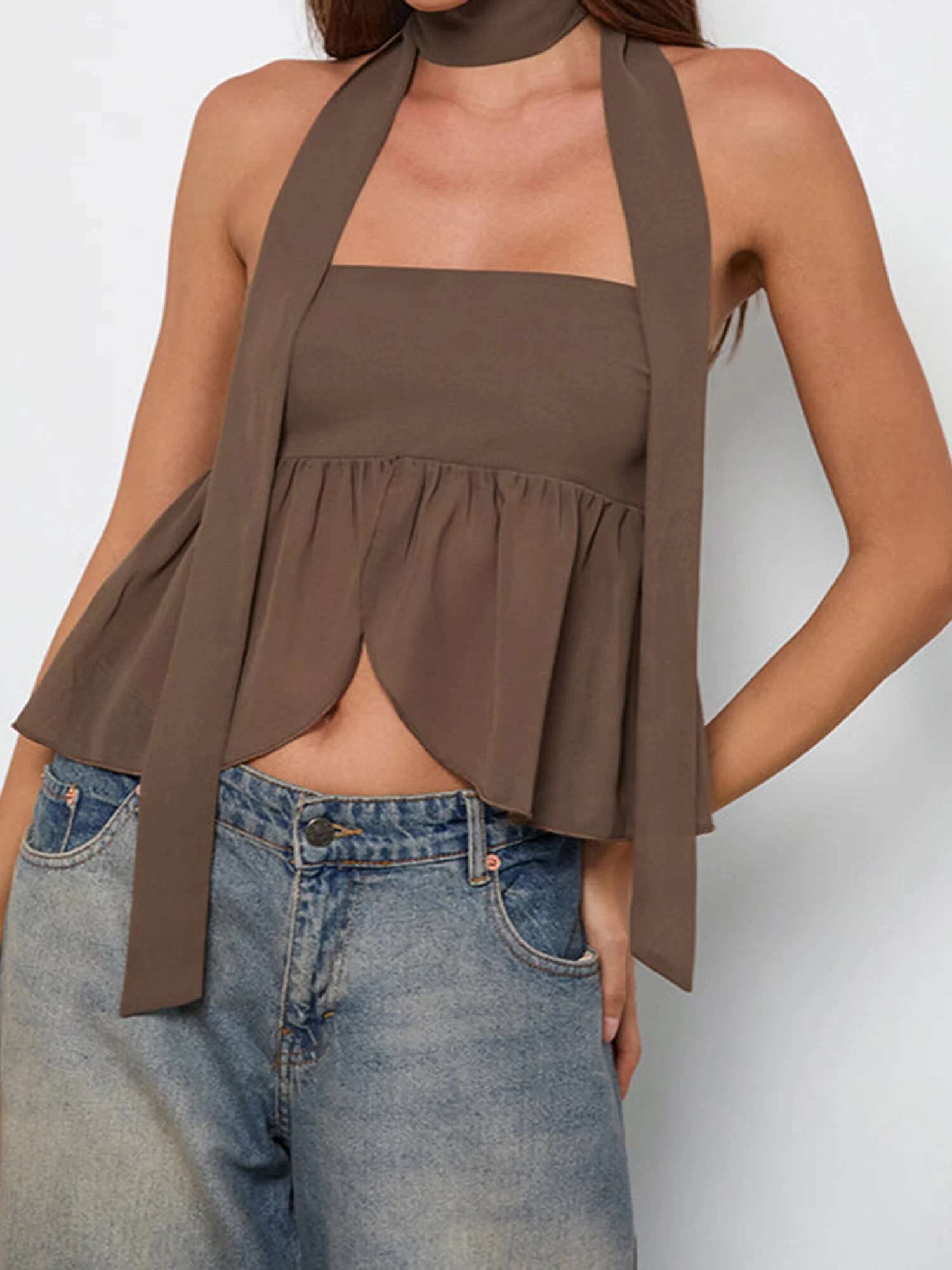 Womens Solid Color Off-shoulder Tube Top with Ruffled Detail and Matching Scarf Set for Chic Summer Street Style Fashion