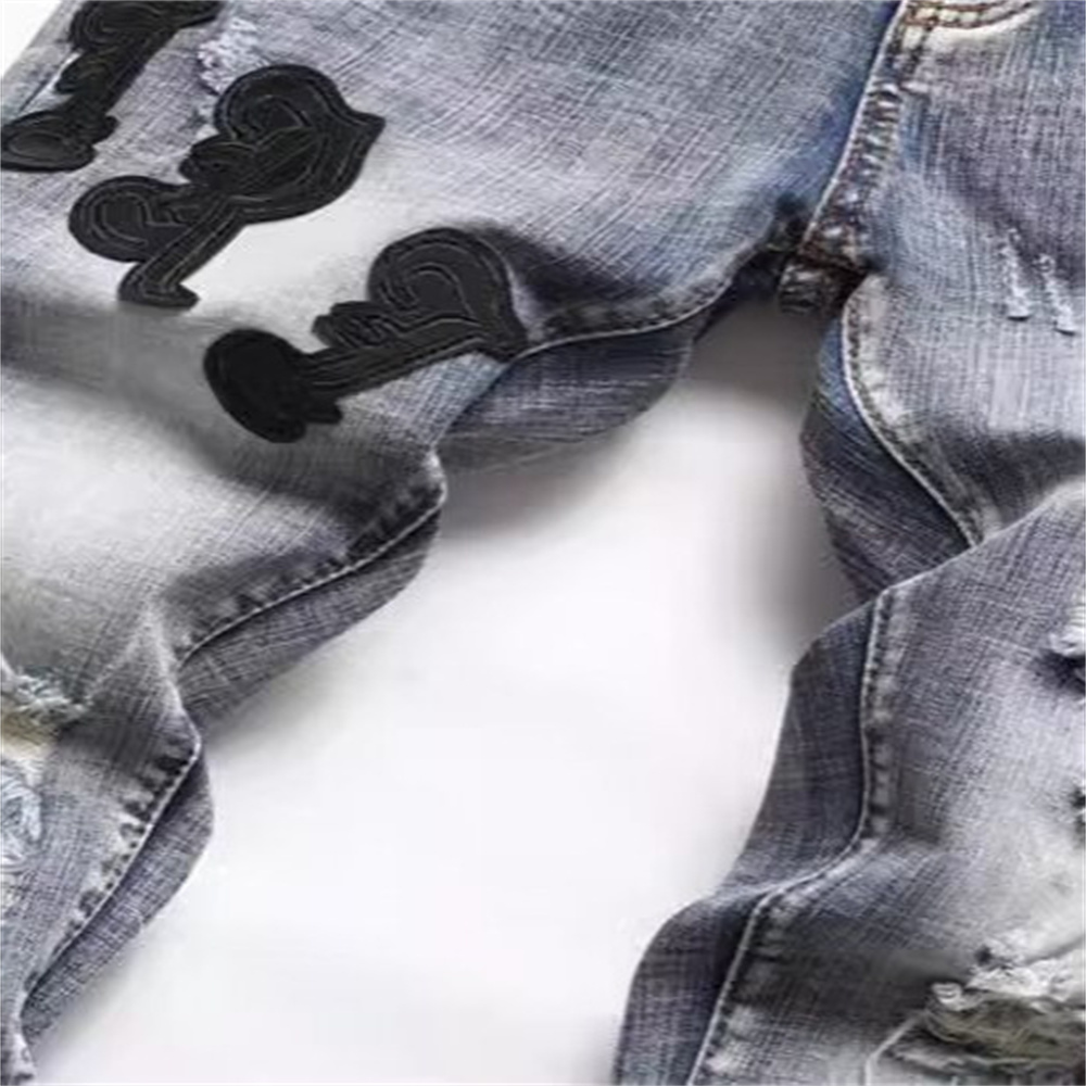 free shipping designer Jeans Embroidered men jeans with knee hole zipper small leg pants large denim pants Stretchy