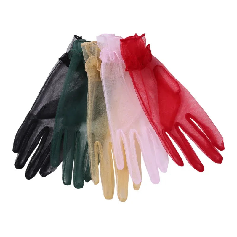 Ultra Thin Transparent Gauze Lace Full Finger Gloves Short Tulle Glove Wedding Mesh Gloves Elastic Wrist Black Gloves 250603