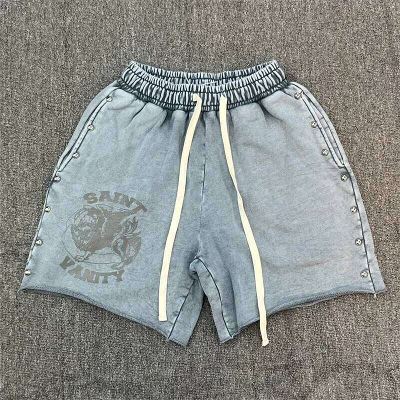 Vintage Washed Saint Hip-Hop Drawstring Sports Casual Men's Shorts