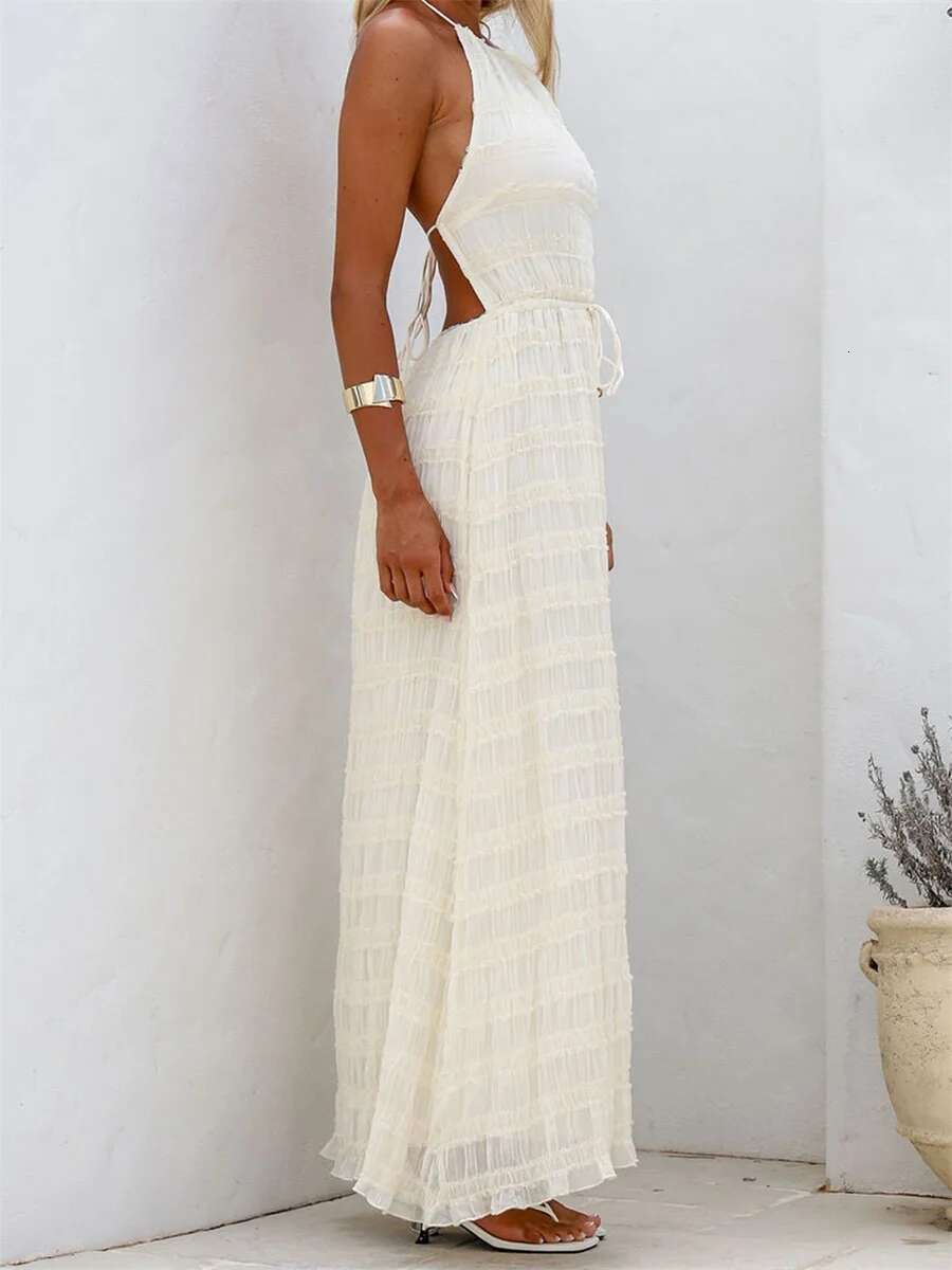 Elegant V-neck Maxi Dress with Ruffle Detail and Adjustable Waist Tie Sleeveless Summer Beach Dress for Women