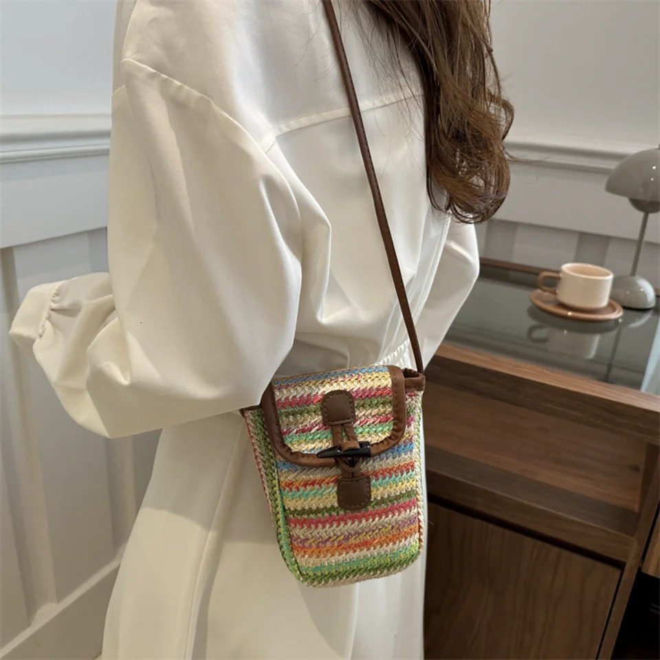 Small Straw Crossbody Bags Cell Phone Purses For Women Summer Beach Handmade Woven Shoulder Bag Vacation Card Holder Bag Wallet 250606