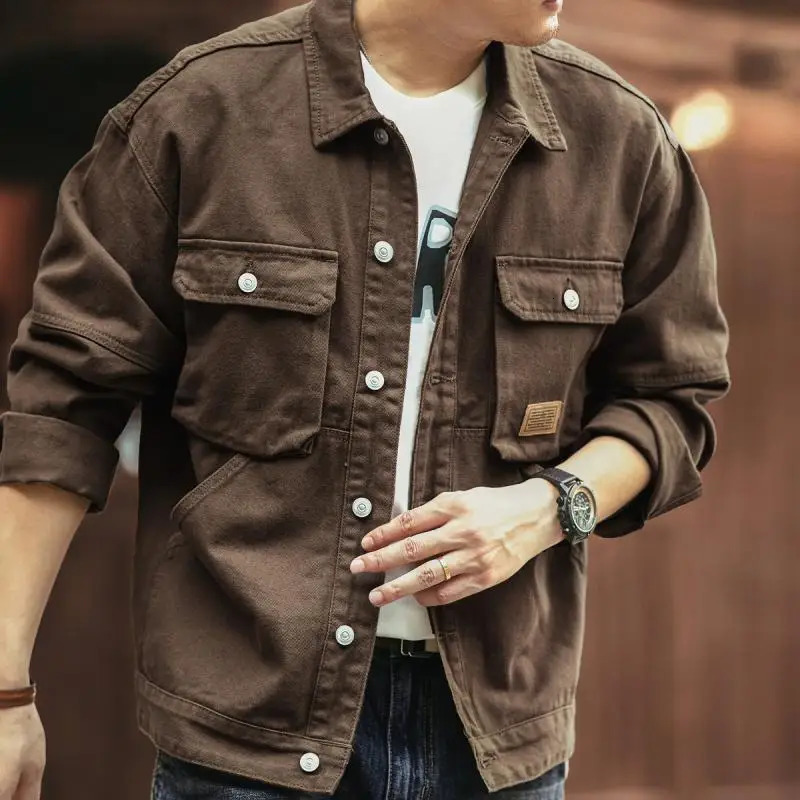 Mens Denim Jacket Cargo Oversize Brown Male Jean Coats Autumn Lxury Korean Clothes Fast Delvery on Board Low Cost Loose 250530