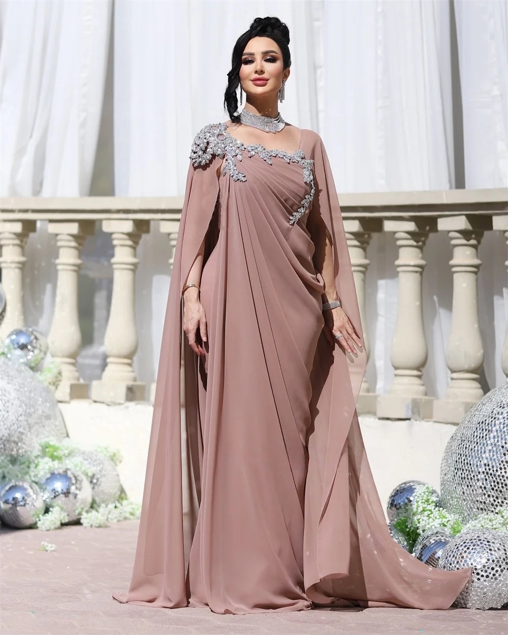 Elegant Arabic Chiffon Long Evening Dresses Pleats Cape Wrap Dusty Formal Occasion Party Gowns Appliques Beaded Chic Prom Dress
