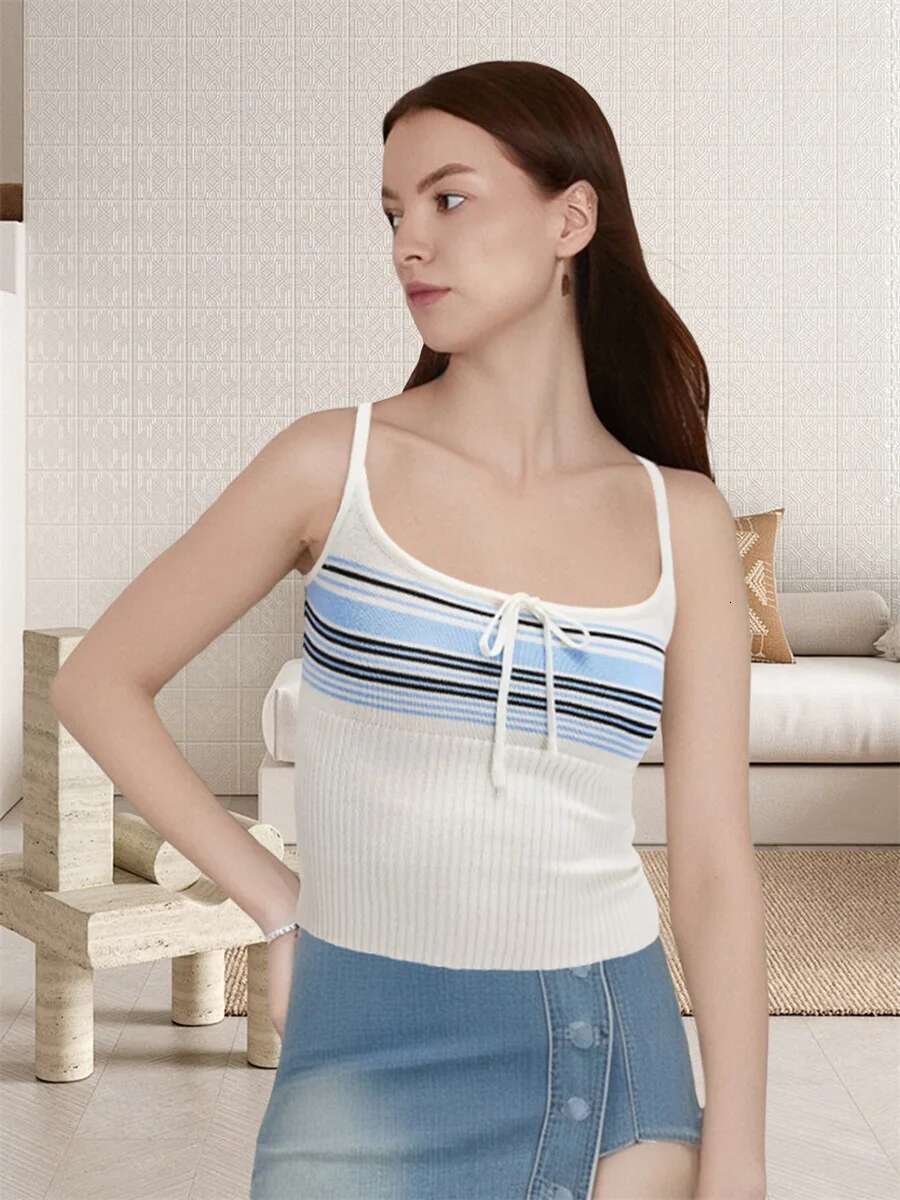 Womens Striped Cami Tank Tops with Fit Tie-up Scoop Neck Spaghetti Straps Backless Design and Crop Length - Stylish