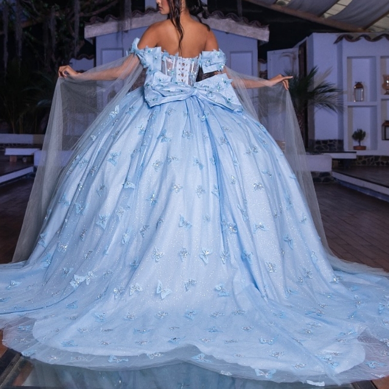 Sky Blue Shiny Quinceanera Dresses Ball Gown Off The Shoulder Bow Beads Tull Corset Sweet 16 Dress Vestidos 15 De Anos