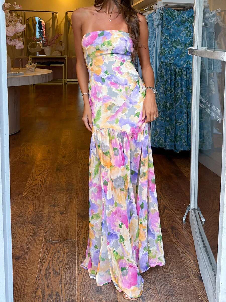 Elegant Off-shoulder Maxi Dress with Boho Floral Print and Open Back Design for Summer Wedding Party Vacation Wear